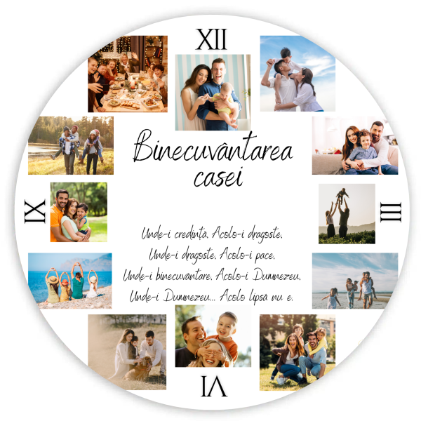 Ceas cadou pentru familie personalizat cu 12 poze - Binecuvântarea casei