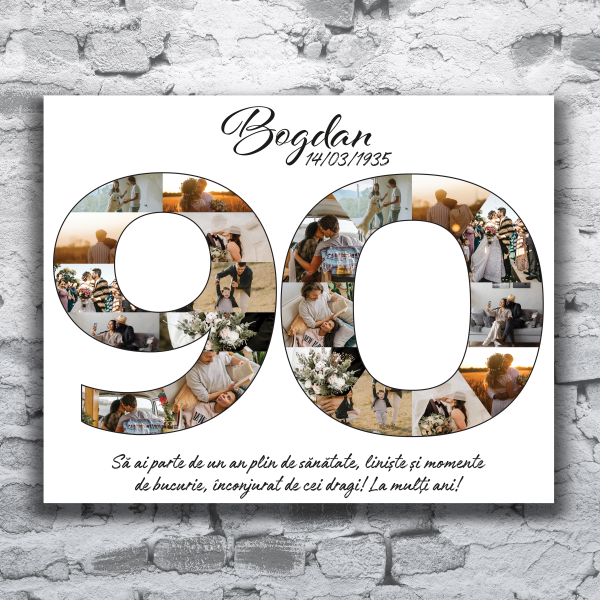 Cadou ziua de nastere, aniversare 90 ani, tablou canvas personalizat colaj 20 poze