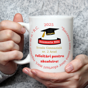 Cadou absolvire gimnaziu, fete, cana personalizata cu nume si text