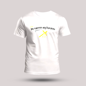Tricou alb cu mesaj crestin - He carries my burdens