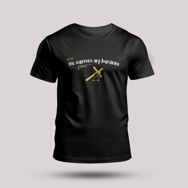 Tricou negru cu mesaj crestin - He carries my burdens